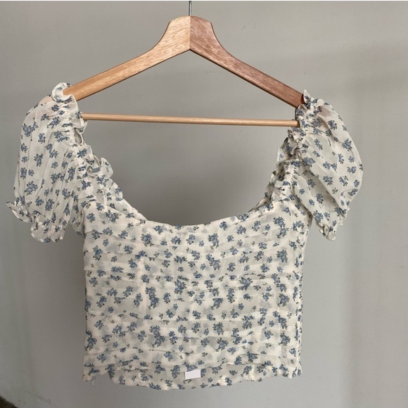 For Love And Lemons Chateau Puff Sleeve Floral Top Cream Blue Size Small - Picture 2 of 4